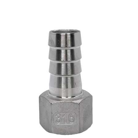 Stainless Steel Female Hose Tail 1/4" (6mm) Barb x 1/4" (6mm) BSP 31SSP10-0404